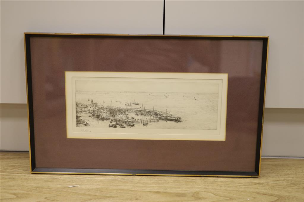 William Lionel Wyllie (1851-1931), drypoint etching, Port of Scarborough, signed in pencil, 11 x 32.5cm